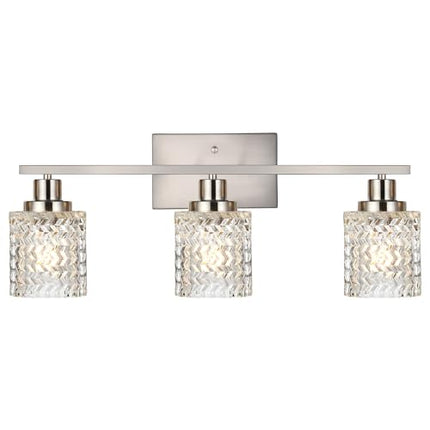 MELUCEE 3 Lights Brushed Nickel Modern Vanity Lights with Hammered Glass Shade Suitable for Bathroom Living Room Hallway