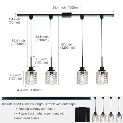 MELUCEE 4 Pack H-Type Track Pendant Light Black Track Ceiling Light Hanging with Hammered Glass Shade, 39.4 Inches H Type Track Lighting Rail and H Track Floating Canopy Connector Included