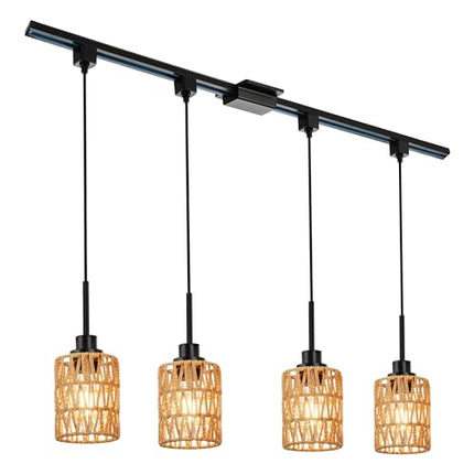 MELUCEE 4 Packs H-Type Track Lighting Ceiling Hanging Rattan Pendant Light Black, Include 39.4 Inches H Type Track Rail and H Track Floating Canopy Connector, E26 Socket
