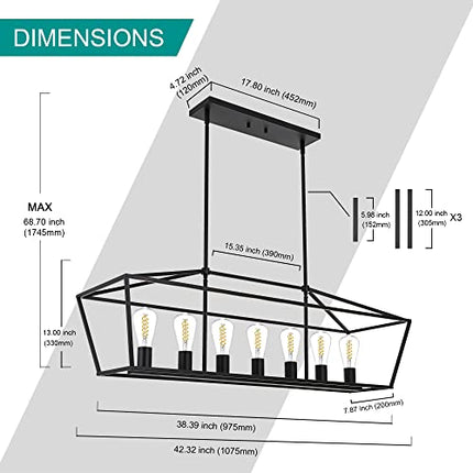 MELUCEE 7-Light Kitchen Island Pendant Lights Farmhouse Black Metal Linear Chandeliers Modern Ceiling Hanging Light Fixtures for Dining Room Living Room