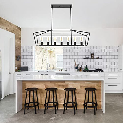 MELUCEE 7-Light Kitchen Island Pendant Lights Farmhouse Black Metal Linear Chandeliers Modern Ceiling Hanging Light Fixtures for Dining Room Living Room