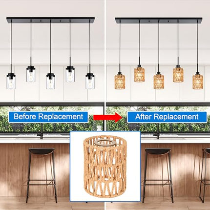 MELUCEE 5 Pack Rattan Lamp Shade, 1.65in Fitter Light Covers, Cylinder Woven Lampshade for Floor Lamps Pendant Light Chandelier Wall Sconces