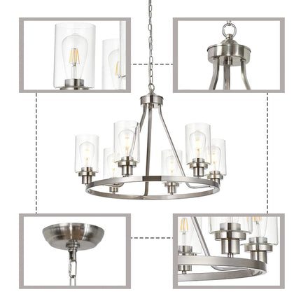 MELUCEE 6 Lights Round Chandelier Brushed Nickel Island Lighting Dining Room Lighting Fixtures Hanging Glass Pendant Light for Kitchen Living Room Bedroom