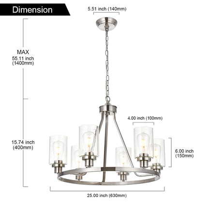 MELUCEE 6 Lights Round Chandelier Brushed Nickel Island Lighting Dining Room Lighting Fixtures Hanging Glass Pendant Light for Kitchen Living Room Bedroom