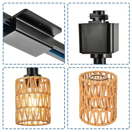 MELUCEE 4 Packs H-Type Track Lighting Ceiling Hanging Rattan Pendant Light Black, Include 39.4 Inches H Type Track Rail and H Track Floating Canopy Connector, E26 Socket