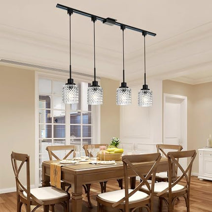 MELUCEE 4 Pack H-Type Track Pendant Light Black Track Ceiling Light Hanging with Hammered Glass Shade, 39.4 Inches H Type Track Lighting Rail and H Track Floating Canopy Connector Included