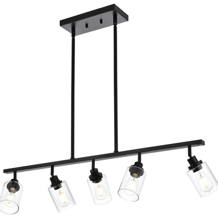 MELUCEE 5-Light Track Lighting Pendant Hanging Black Linear Chandelier Industrial Kitchen Island Lighting with Clear Glass Shade, Flexible Metal Track Lights Kit for Dining Room Living Room Bar