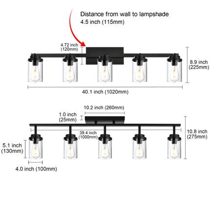 MELUCEE 5-Light Track Lighting Kit, Directional Ceiling Light Bathroom Vanity Light, Black Kitchen Track Lighting Fixtures Ceiling for Living Room Dining Room Hallway, Clear Glass Shade