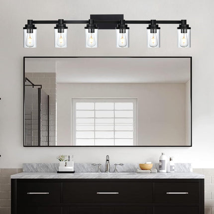 MELUCEE 6-Light Vanity Lighting Fixtures, Farmhouse Bathroom Light Fixtures in Matte Black Finish with Clear Glass Shade, Modern Bathroom Lights Over Mirror, E26 Base