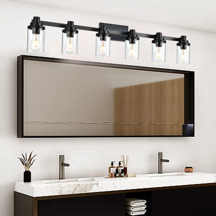 MELUCEE 6-Light Vanity Lighting Fixtures, Farmhouse Bathroom Light Fixtures in Matte Black Finish with Clear Glass Shade, Modern Bathroom Lights Over Mirror, E26 Base