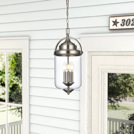 MELUCEE Outdoor Pendant Lights for Porch, 3-Light Outdoor Chandelier  in Brushed Nickel Finish with Clear Glass